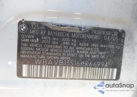 2006 BMW 325I из США, поврежденный, VIN WBAVB13516KR66994